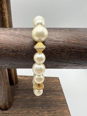 Vintage Faux Pearl & Gold-Tone Bead Stretch Bracelet